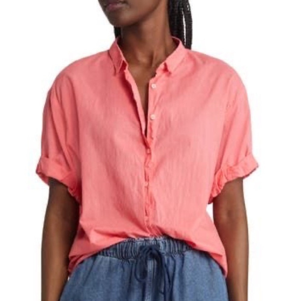 Tahari 100% linen short sleeve button down shirt mother of pearl buttons size S